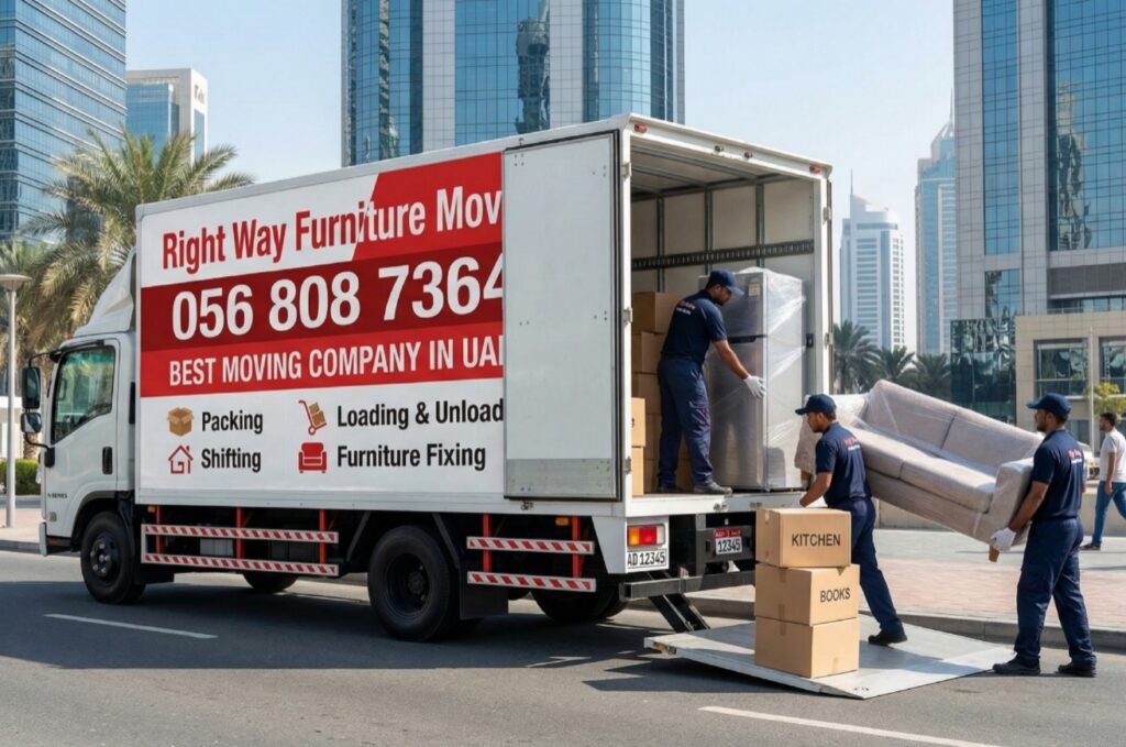 Right Way Movers packing team wrapping furniture in an Ajman apartment